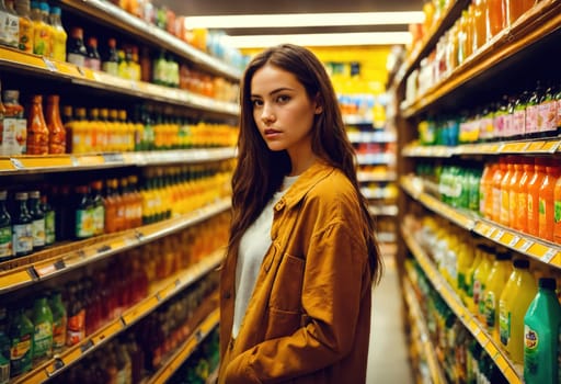 The beautiful woman is looking at the shelves to buy something from the supermarket. ai generative.