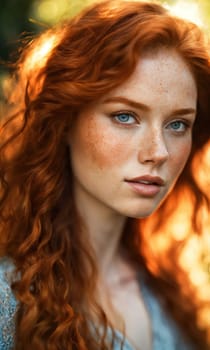 Portrait of a beautiful redhead girl with freckles on her face. ai generative.