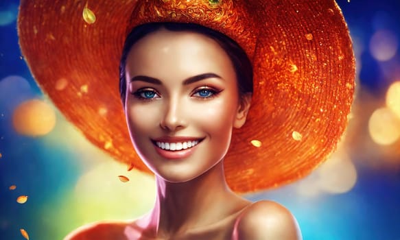 close up of beautiful woman smiling.  summer holidays, vacation, travel and people concept. ai generative.