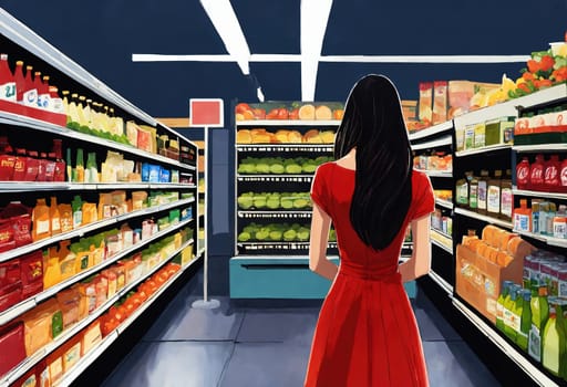 The beautiful woman is looking at the shelves to buy something from the supermarket. ai generative.