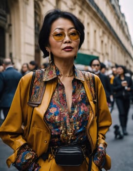 60 year old Asian female model in Paris Fashion Week. ai generative.