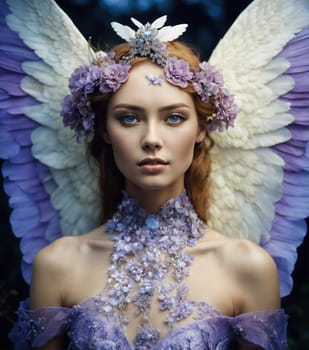 Beautiful young woman in a purple dress with make up and flowers. Beauty, fashion. ai generative.