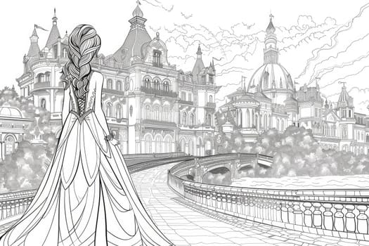 Fairy tale princess by magic palace coloring page for children. Black and white picture. AI Generated.