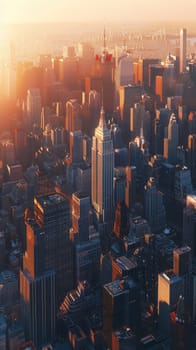 Aerial view of a big city with skyscrapers at sunset. Panorama of downtown. Vertical image. AI Generated.