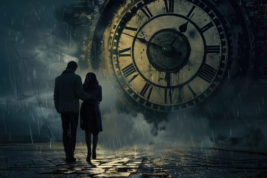 Concept of time passing. Apocalyptic image of a couple looking at the clock. Losing time. AI Generated.