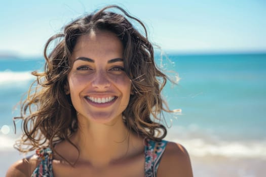 Beautiful happy smiling lady in in her 30s on the ocean beach. AI Generated.