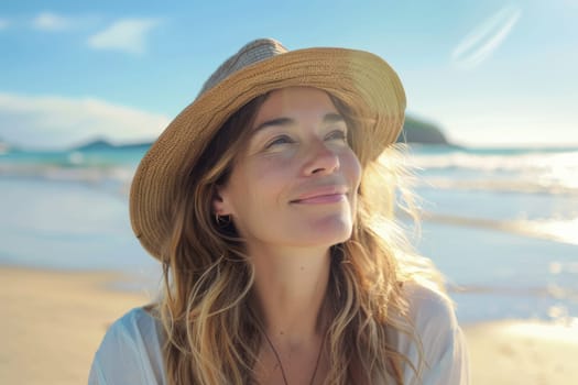 Pretty happy smiling young woman wearing a hat on the sea beach. AI Generated.