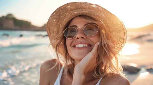 Pretty happy smiling young woman wearing a hat and sunglasses on the sea beach. AI Generated.