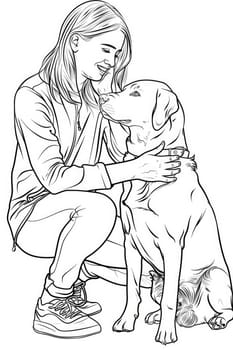 Teenage girl with a dog coloring page for children. Black and white picture. AI Generated.