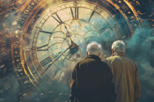 Concept of life passing. Fantasy image of two old people looking at huge clock. AI generated.