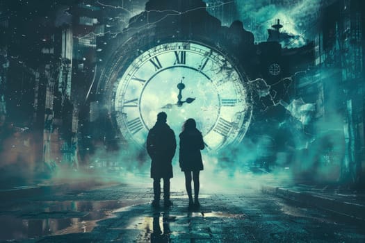 Concept of time passing. Apocalyptic image of a couple looking at the clock. Losing time. AI Generated.