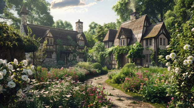 Old English stone village with a flower garden and trees on a sunny summer day. AI Generated.