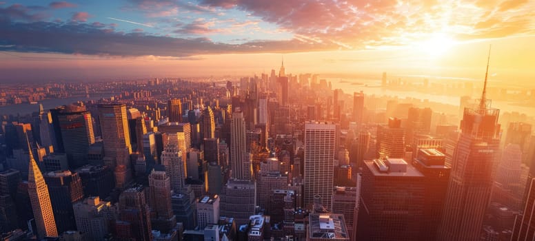 Aerial view of a big city with skyscrapers at sunset. Panorama of downtown. AI Generated.