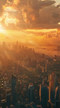 Aerial view of a big city with skyscrapers at sunset. Panorama of downtown. Vertical image. AI Generated.