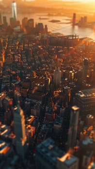 Aerial view of a big city with skyscrapers at sunset. Panorama of downtown. Vertical image. AI Generated.