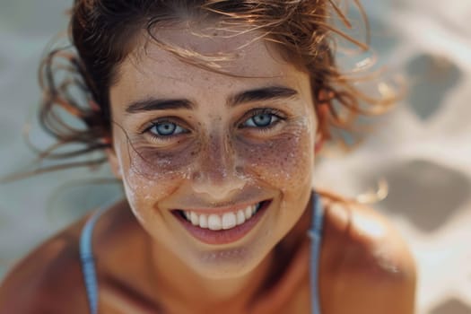 Beautiful happy smiling young woman with freckles on her face on the beach. AI Generated.