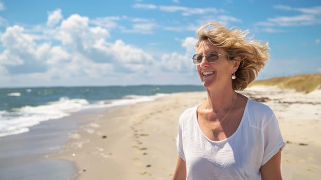 Happy smiling middle-aged woman in glasses on the beach. AI Generated.