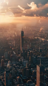 Aerial view of a big city with skyscrapers at sunset. Panorama of downtown. Vertical image. AI Generated.