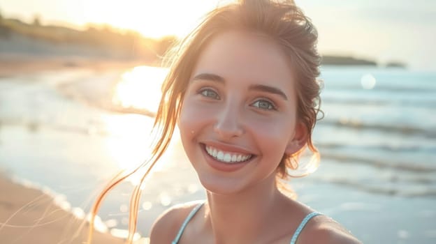 Beautiful happy smiling young woman on the ocean beach. AI Generated.