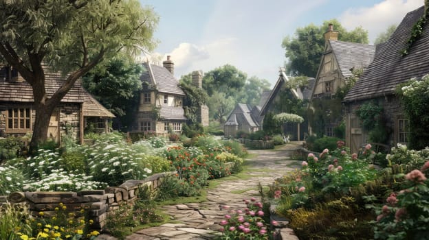 Old English stone village with beautiful flower gardens and trees. AI Generated.
