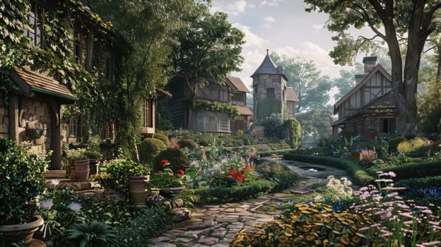 Old English stone village with beautiful flower gardens and trees. AI Generated.