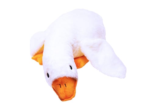Plush toy duck isolated. Childrens toy stuffed animals. Soft white plush toy ente for kids isolated on a white background. Enter teddy toy. White duck for playing.