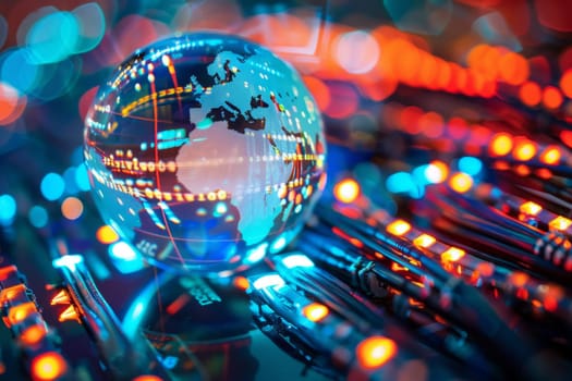Illuminated globe with network lines resting on electronic circuitry, representing global internet connectivity