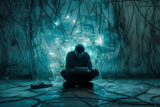 Individual engulfed in tablet usage, encircled by a web of illuminated cords, illustrating an addiction to the internet