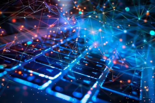 Abstract background of a laptop keyboard with illuminated network lines symbolizing internet connectivity