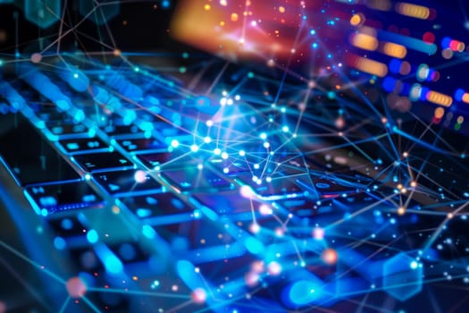 Close-up of a laptop keyboard with illuminated network graphics showcasing advanced internet technologies