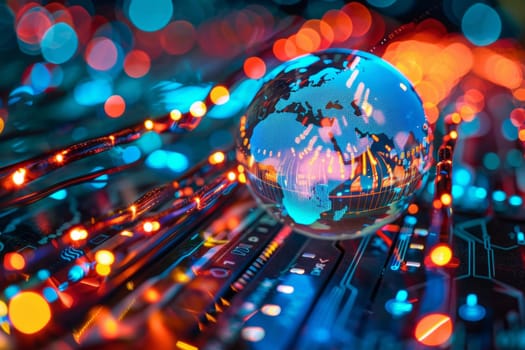 Glowing globe on electronic circuit board representing global internet connectivity