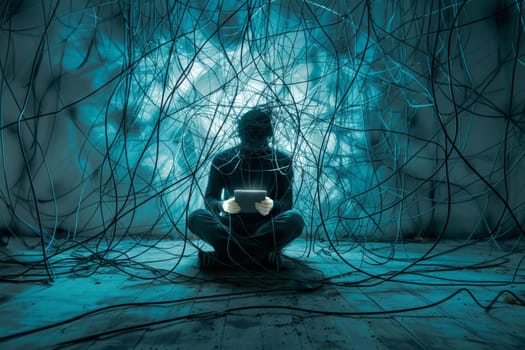 Person surrounded by tangled cables, illustrating internet addiction