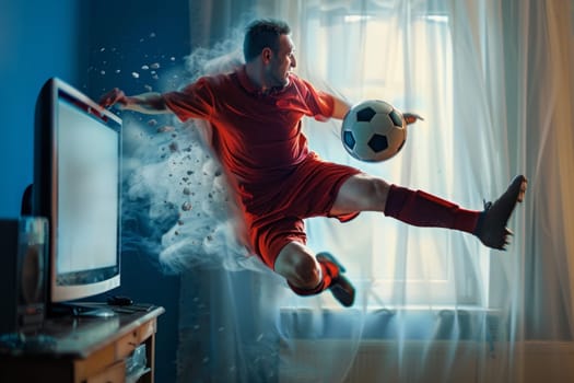 Powerful motion blur effect captures an athletic man kicking a soccer ball in a dramatic indoor setting