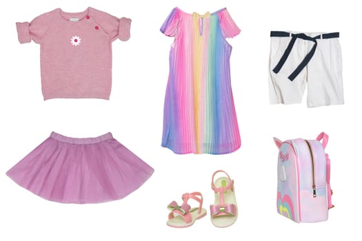 Collage set of little girl summer clothes isolated on white. Kids apparel collection. Childs fashion clothing outfit. Skirt, shorts, shirt, dresses, pants, bag, sweater, shoes.