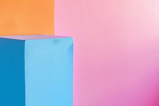 A vibrant painting showcasing a block of blue, pink, and orange colors blending harmoniously on canvas.