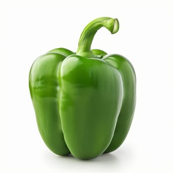 A single, ripe green bell pepper with a glossy texture, isolated on a white background, perfect for healthy cooking themes
