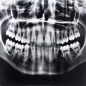 High-contrast X-ray image showing detailed human teeth and jawbone structure