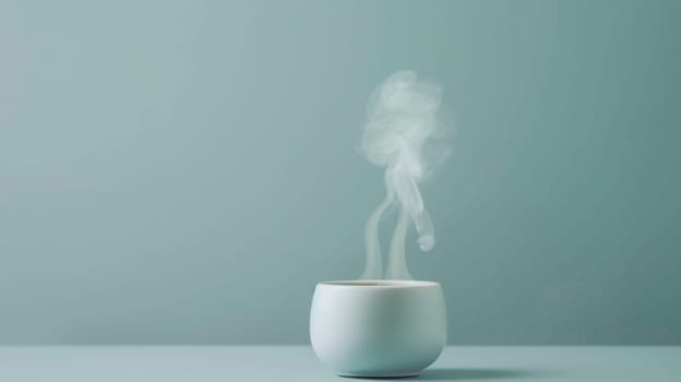 A white cup emitting steam, indicating a hot beverage inside. The steam rises gracefully in the air, suggesting warmth and comfort. The scene conveys a feeling of coziness and relaxation.