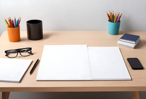 AI generated of a desk with a notebook, pencils, and other items