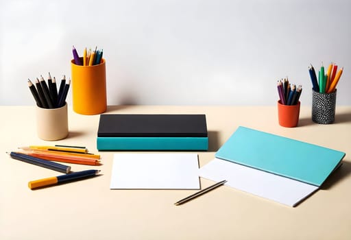 AI generated of a table with a notebook, pencils, and pens