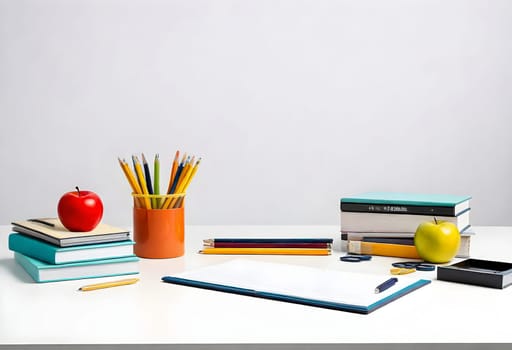 AI generated of a desk with books, pencils, and an apple