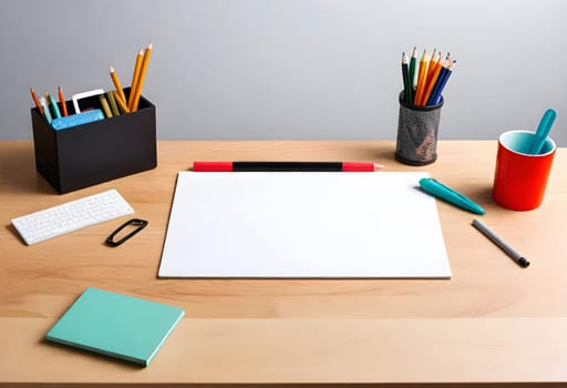 AI generated of a desk with a blank piece of paper, pens, pencils, and other office supplies