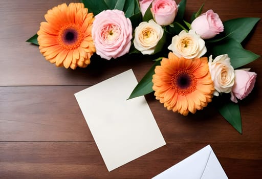 AI generated of flowers and envelope on wooden table top view