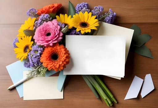 AI generated of bouquet of flowers with blank card on wooden table