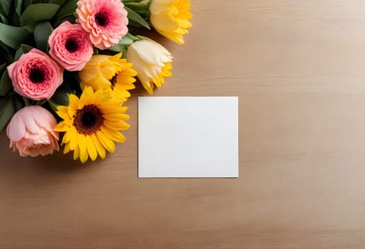 AI generated of a bouquet of flowers and a blank card on a wooden table
