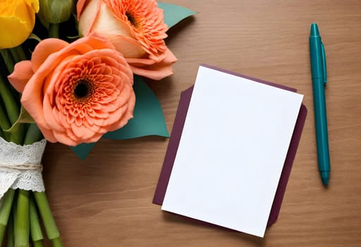 AI generated of flowers and blank paper on wooden table