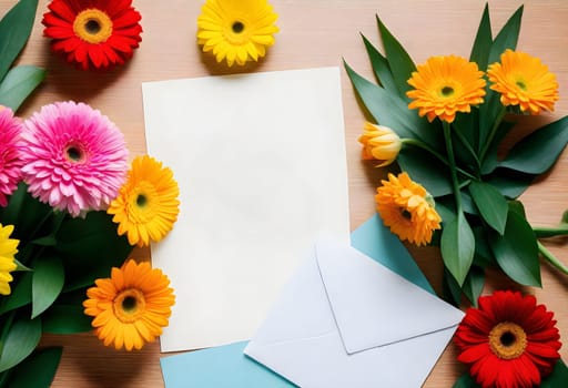 AI generated of flowers and envelope on wooden table with copy space