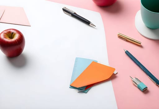 AI generated of a desk with a cup of coffee, pencils, and an apple