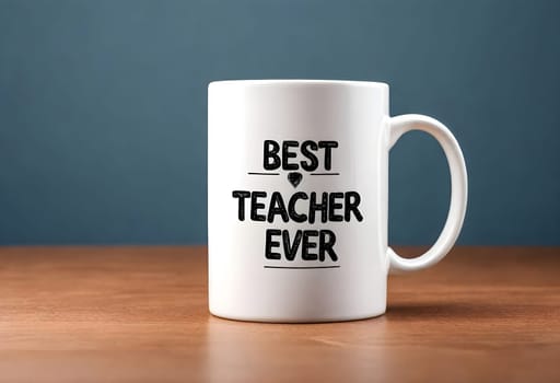 AI generated of a white coffee mug on the wooden table with the words best teacher ever