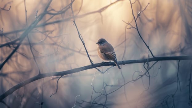 A small, colorful bird perches gracefully on a sturdy tree branch, peering around with curiosity. Its feathers are vibrant and its beak is poised, ready for any sudden movements.